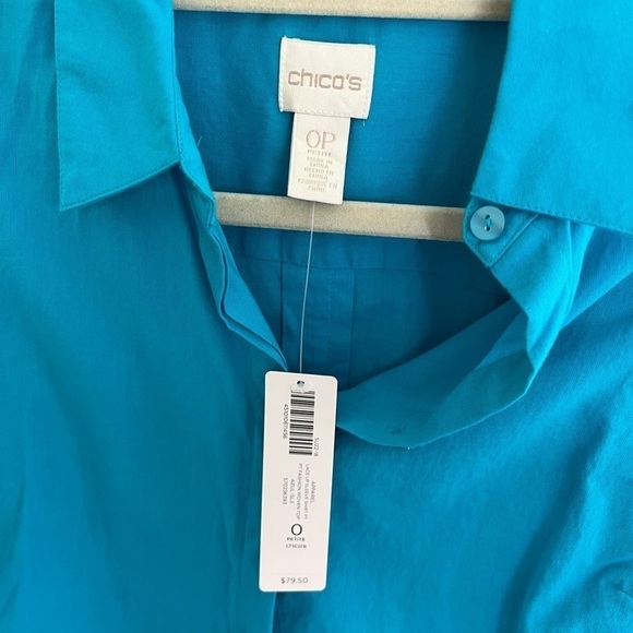 Chicos Lace Up Sleeve Button Up Shirt Size 0P Azul Isle New - Picture 2 of 8